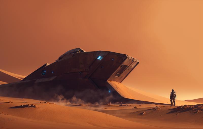 00067-2224227708-A man stands on the surface of a deserted planet, with a space background and a spaceship war, _lora_jzcg035_0.8_ jzcg035, scene.png